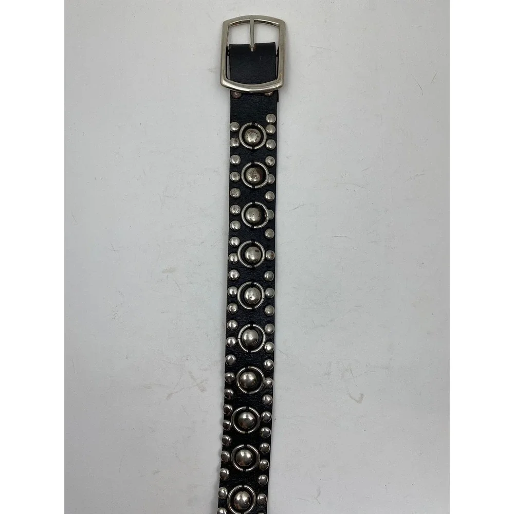 Studded Ring Heavy Black Leather Belt Mens Size 48 Silver Hardware Mexico